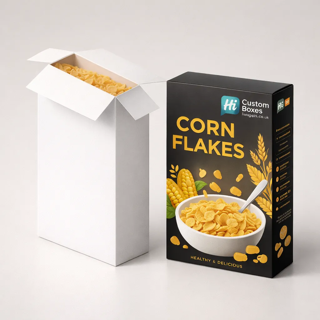 Premium black matte cereal box with elegant gold typography and realistic corn flake imagery for luxury branding. class=